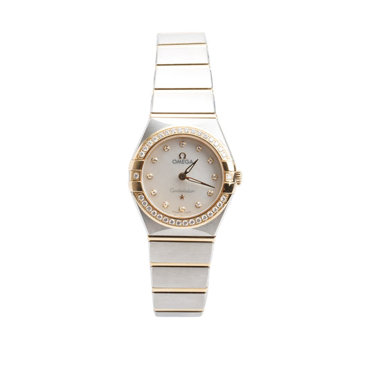 Omega 2024 Stainless Steel & 18k Yellow Gold Diamond Bezel Constellation 25 MM Quartz Watch Mother of Pearl Diamond Dial w/ Box & Papers