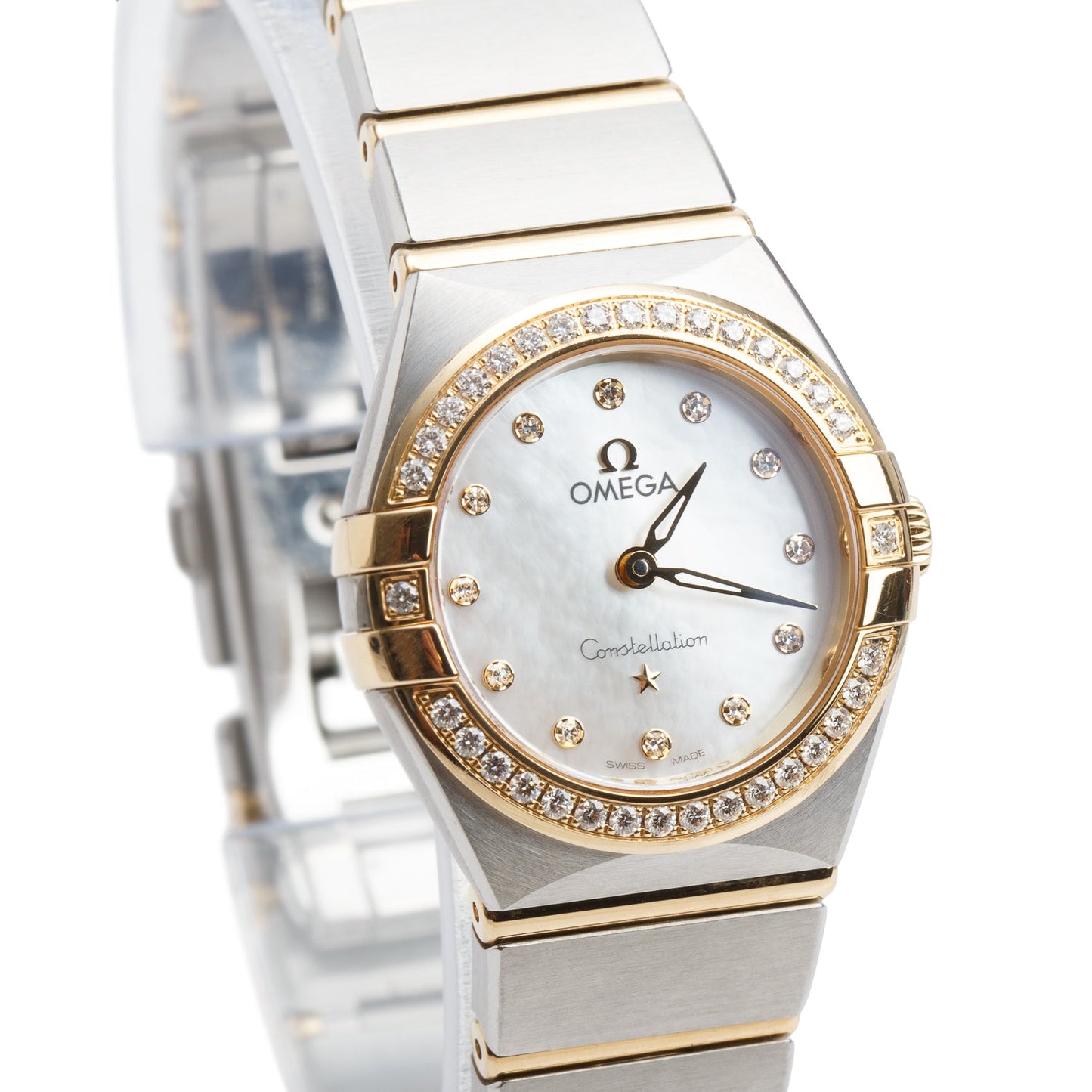 Omega 2024 Stainless Steel & 18k Yellow Gold Diamond Bezel Constellation 25 MM Quartz Watch Mother of Pearl Diamond Dial w/ Box & Papers