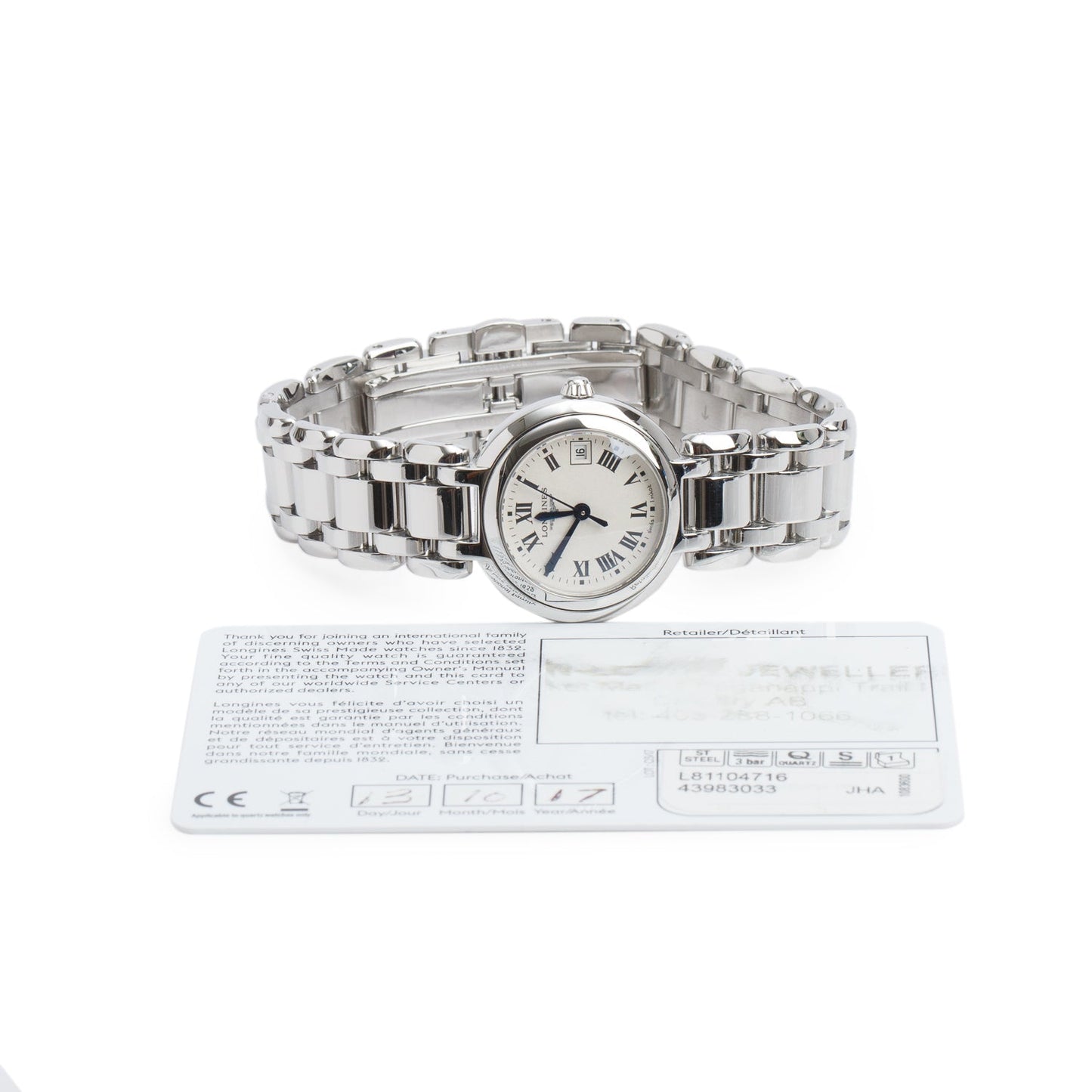Longines Stainless Steel Primaluna 26.5 MM Quartz Watch Diamond Ivory Dial w/ Papers