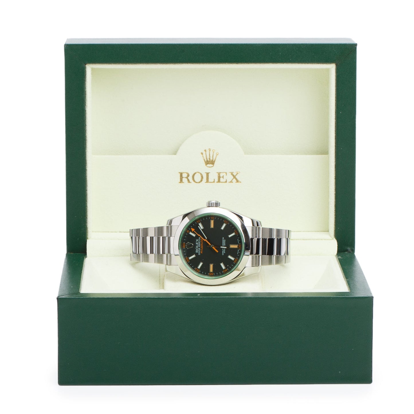 Rolex Stainless Steel Milgauss Green Crystal 40 MM Watch Black Dial 116400GV w/ Box