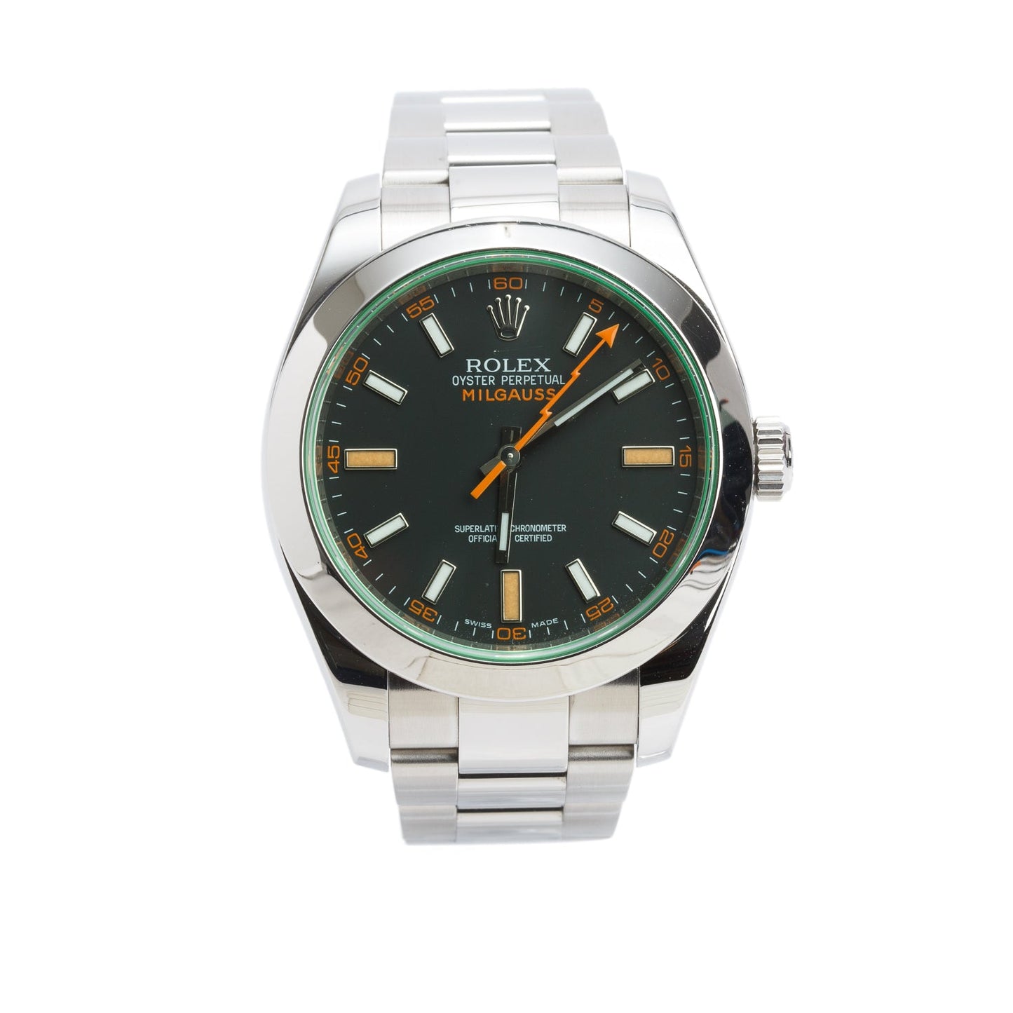 Rolex Stainless Steel Milgauss Green Crystal 40 MM Watch Black Dial 116400GV w/ Box