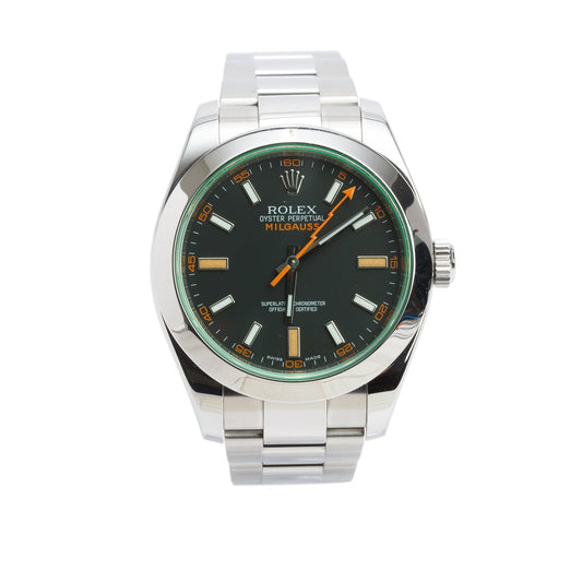 Rolex Stainless Steel Milgauss Green Crystal 40 MM Watch Black Dial 116400GV w/ Box