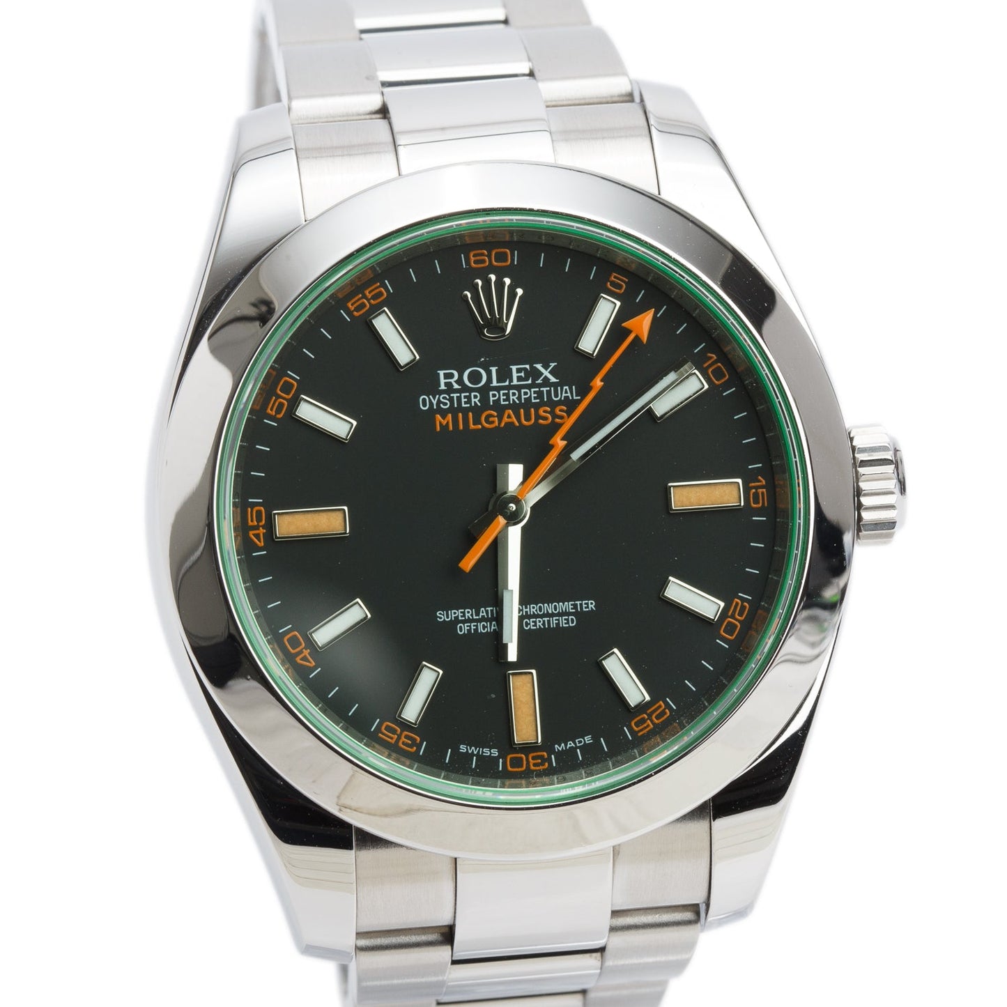 Rolex Stainless Steel Milgauss Green Crystal 40 MM Watch Black Dial 116400GV w/ Box