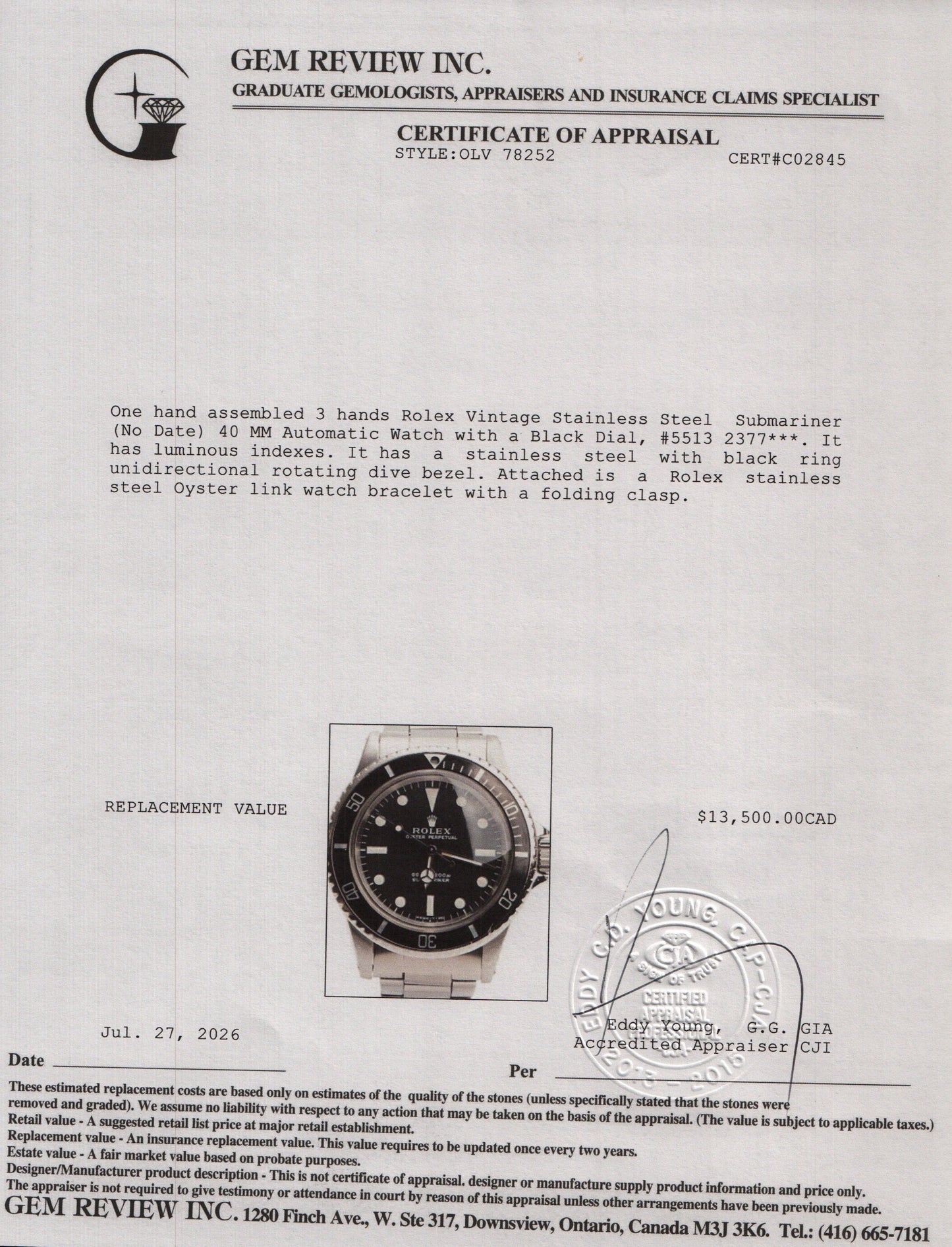 Rolex Vintage Stainless Steel Submariner (No Date) 40 MM Automatic Watch Black Dial 5513