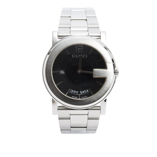 Gucci Stainless Steel Day Date 101 M Series 40 MM Quartz Watch Black Dial w/ Box & Papers
