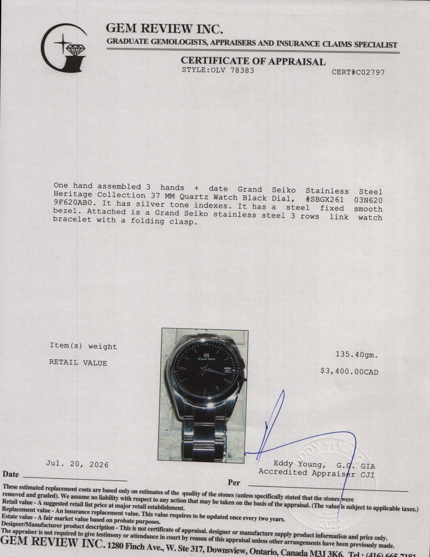 Grand Seiko Stainless Steel Heritage Collection 37 MM Quartz Watch Black Dial w/ Box & Papers