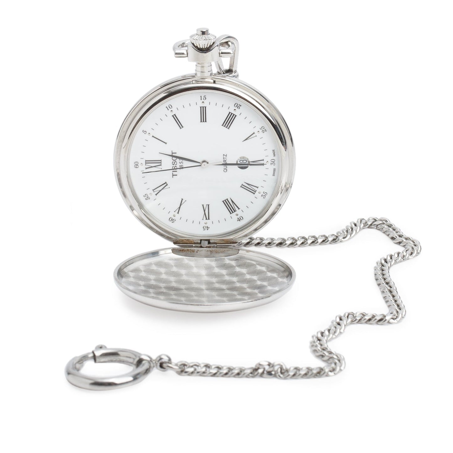 Tissot Stainless Steel Savonnette 48.5 MM Quartz Pocket Watch White Dial w/ Chain