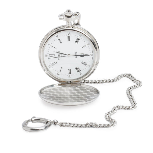 Tissot Stainless Steel Savonnette 48.5 MM Quartz Pocket Watch White Dial w/ Chain