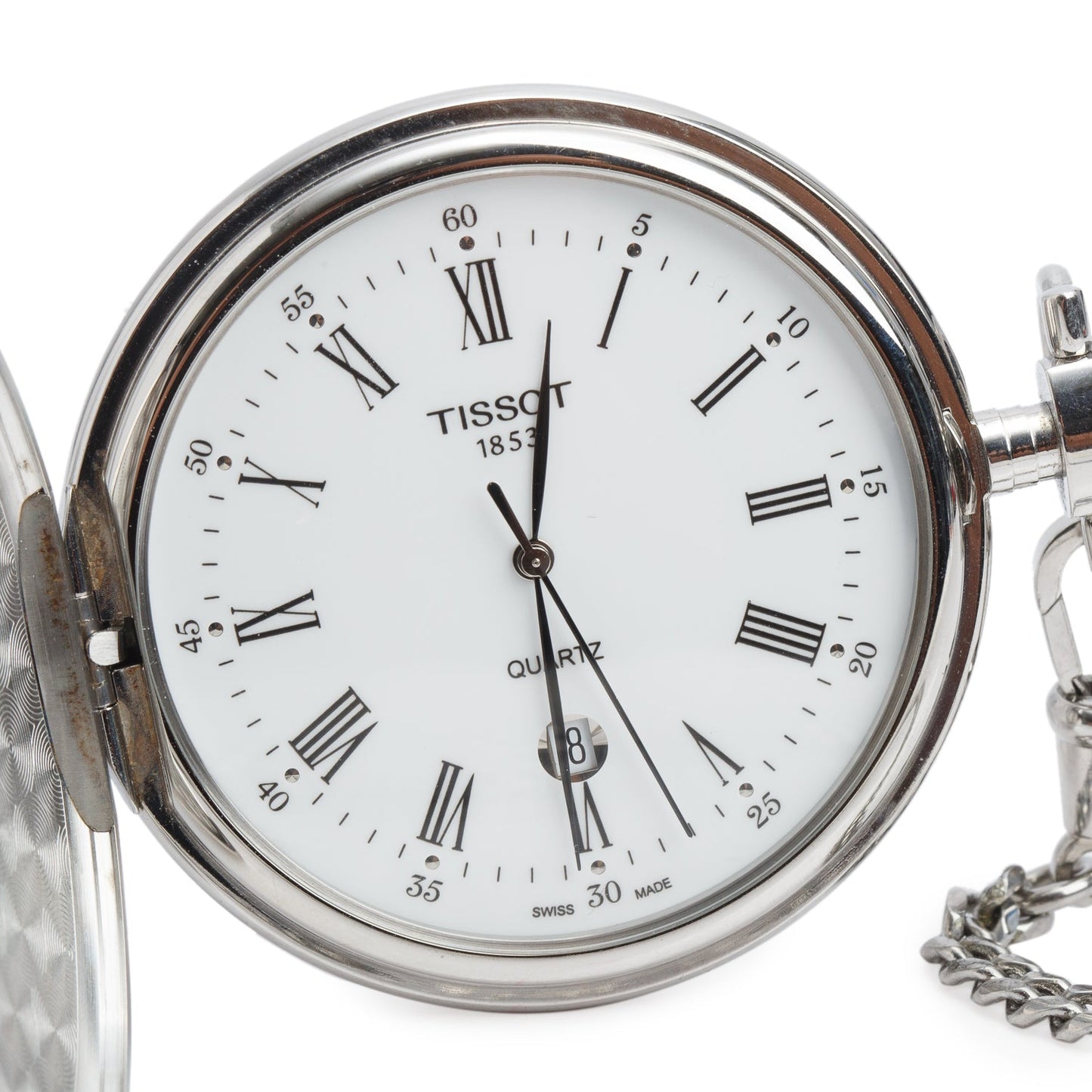 Tissot Stainless Steel Savonnette 48.5 MM Quartz Pocket Watch White Dial w/ Chain
