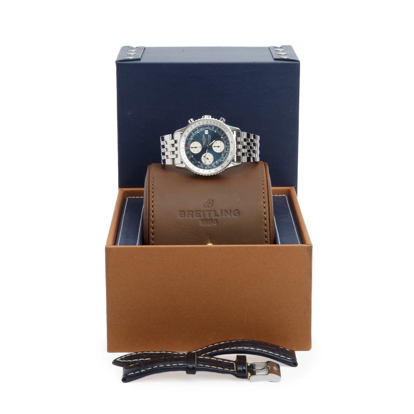 Breitling Stainless Steel Old Navitimer II 41 MM Chronograph Automatic Watch Blue Dial A13022 w/ Box & Extra Strap