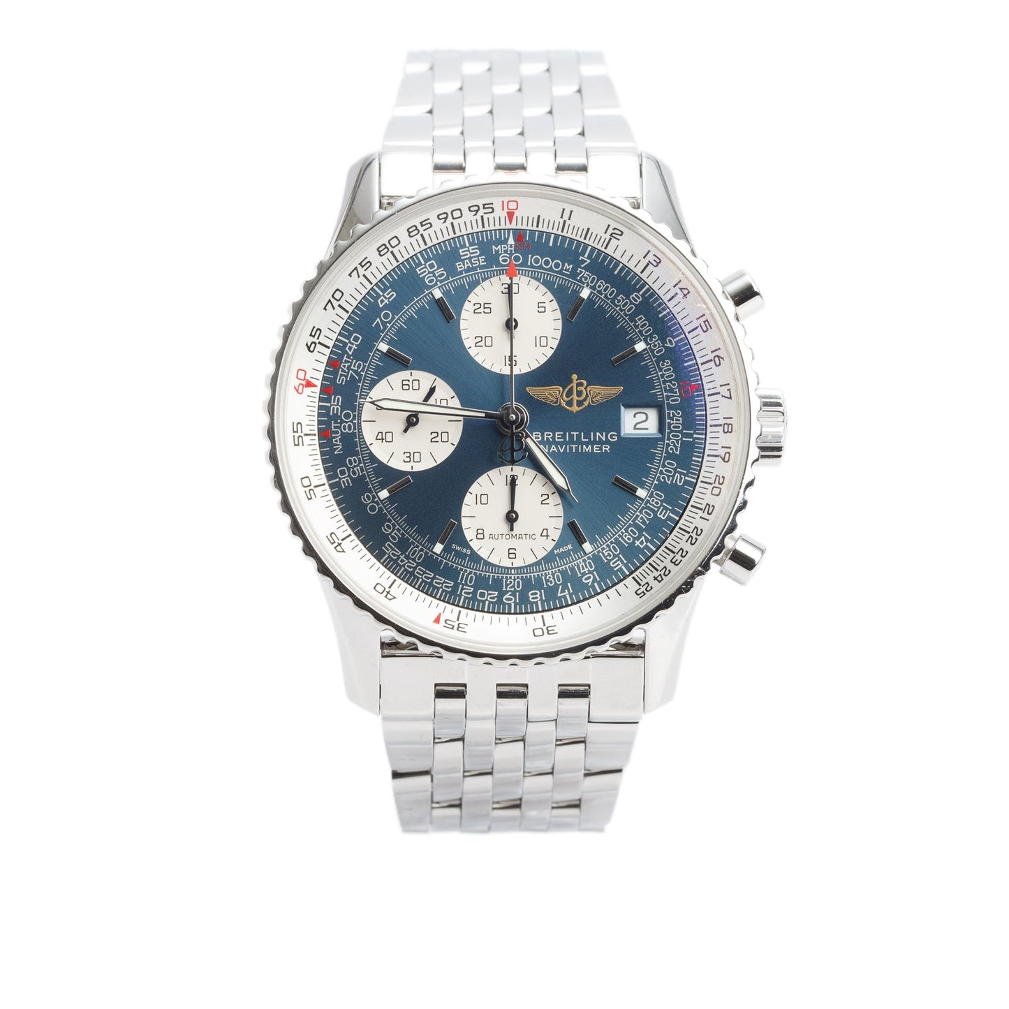 Breitling Stainless Steel Old Navitimer II 41 MM Chronograph Automatic Watch Blue Dial A13022 w/ Box & Extra Strap