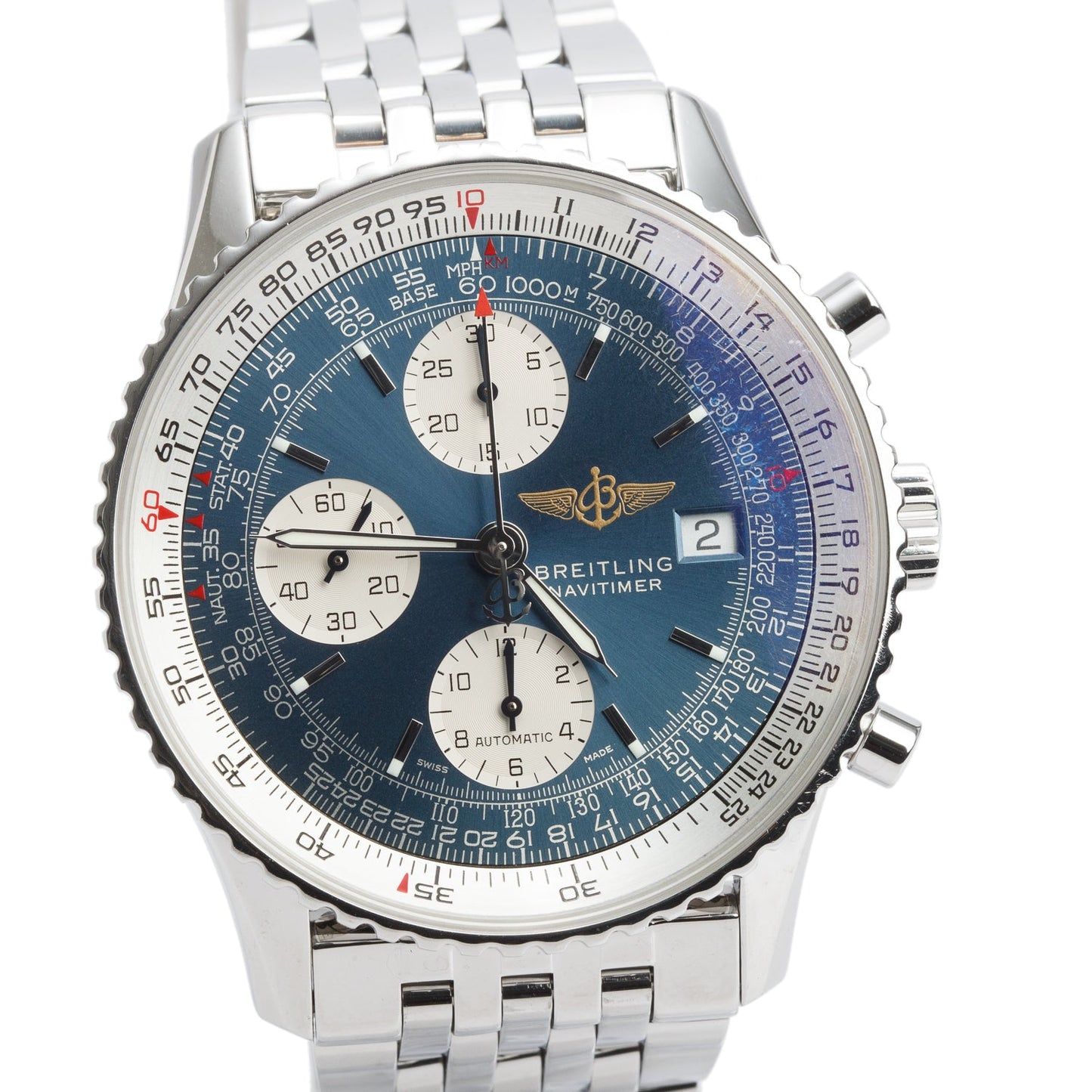 Breitling Stainless Steel Old Navitimer II 41 MM Chronograph Automatic Watch Blue Dial A13022 w/ Box & Extra Strap