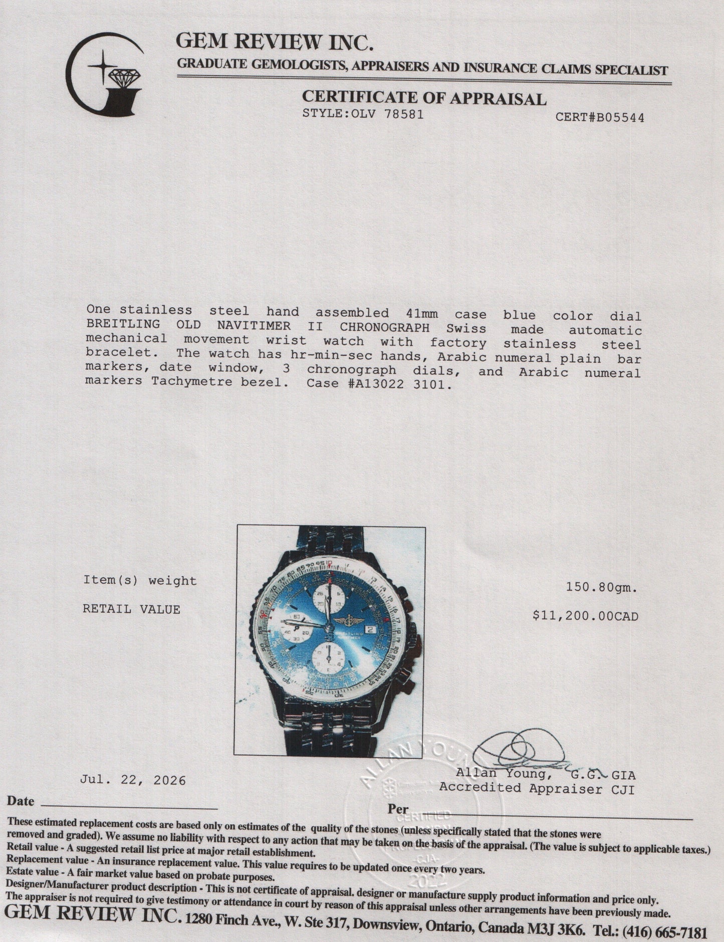 Breitling Stainless Steel Old Navitimer II 41 MM Chronograph Automatic Watch Blue Dial A13022 w/ Box & Extra Strap