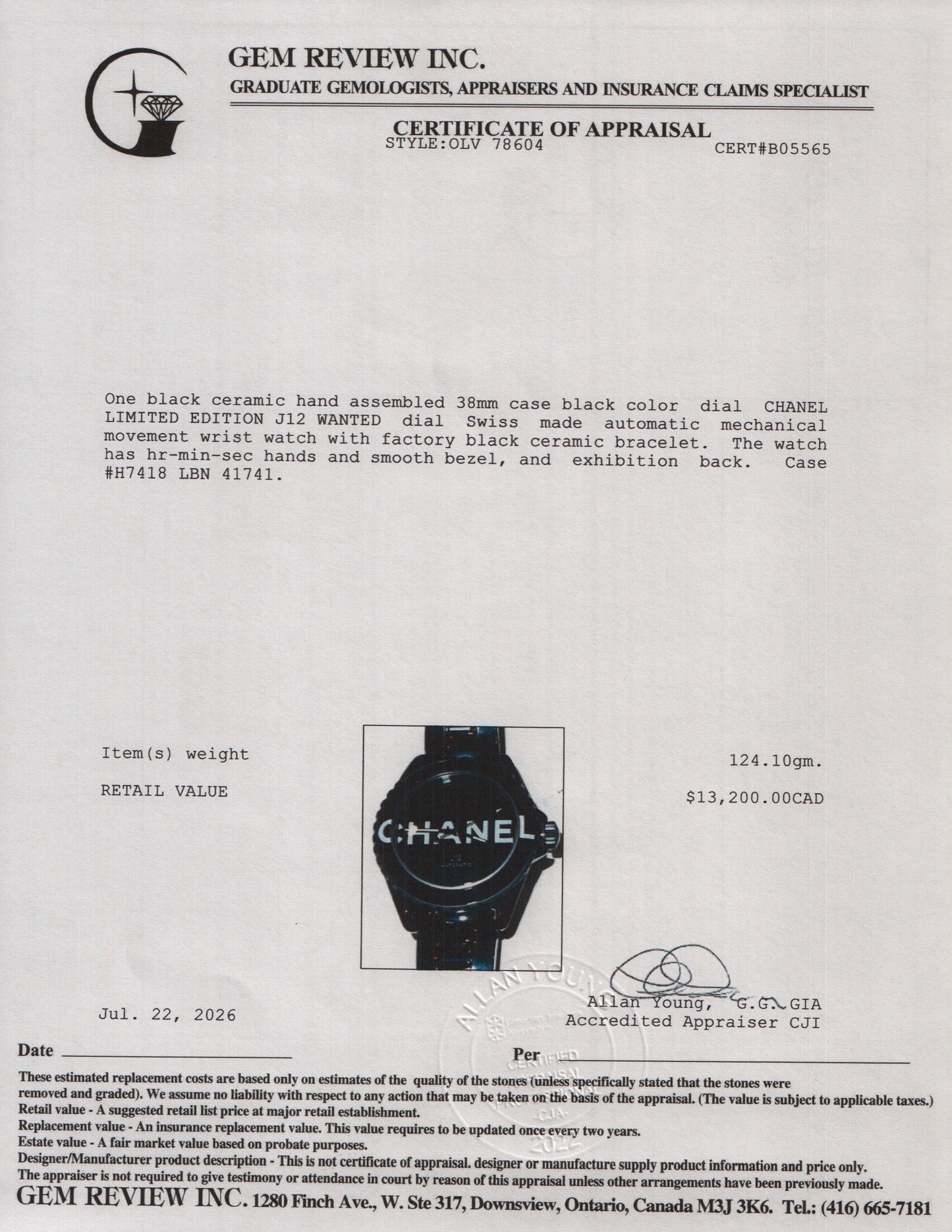 Chanel Limited Edition Black Ceramic J12 Wanted 38 MM Automatic Watch H7418 w/ Box & Papers