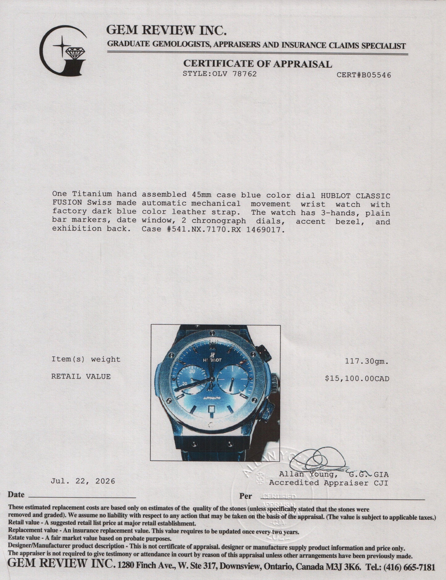 Hublot Titanium Classic Fusion 45 MM Chronograph Automatic Watch Blue Dial w/ Box