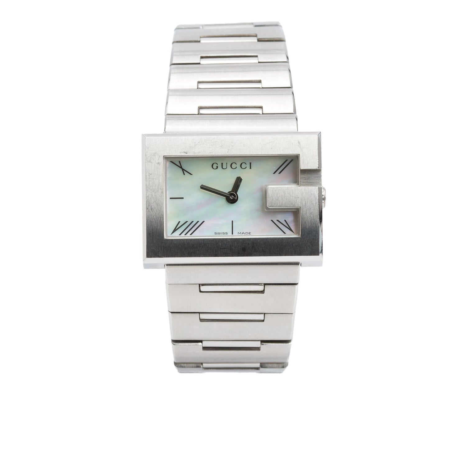 Gucci Stainless Steel Diamond Bezel 100L G-Rectangle Watch Mother of Pearl Dial