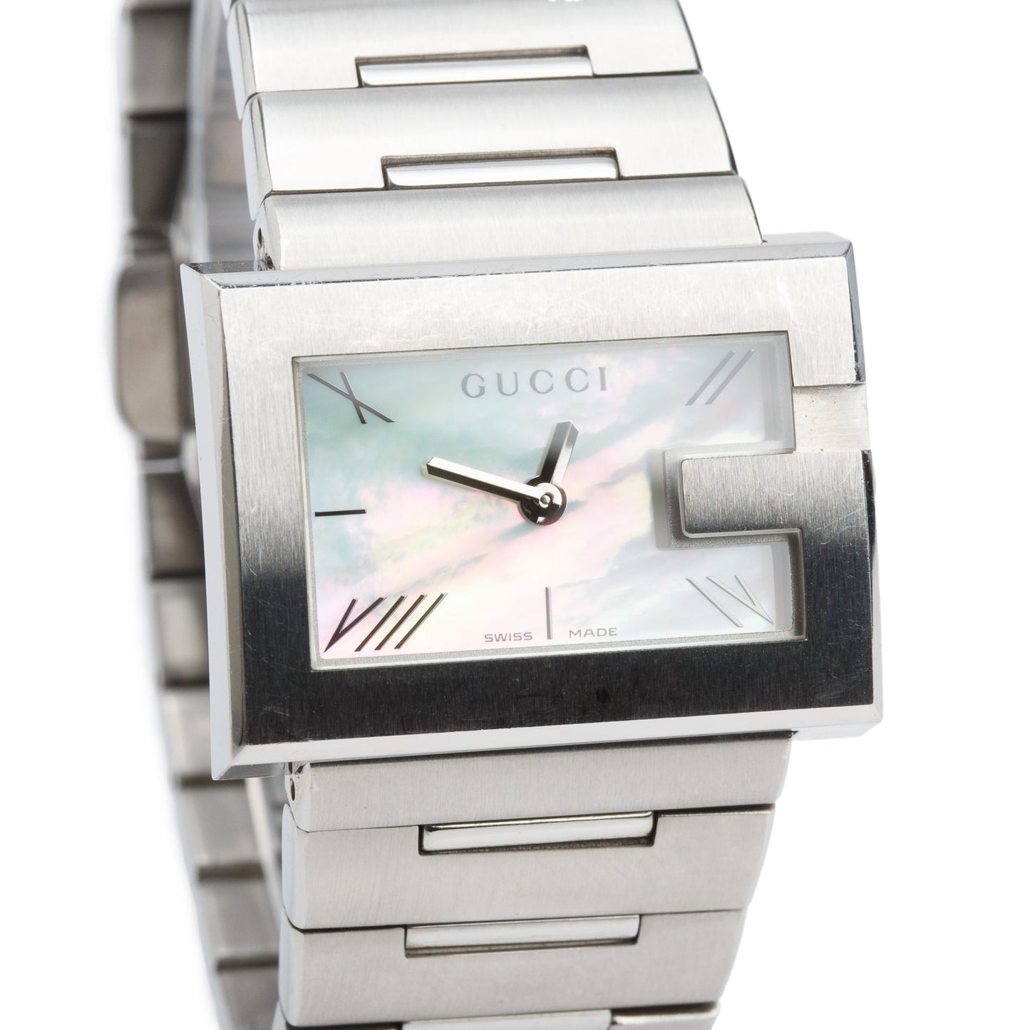Gucci Stainless Steel Diamond Bezel 100L G-Rectangle Watch Mother of Pearl Dial