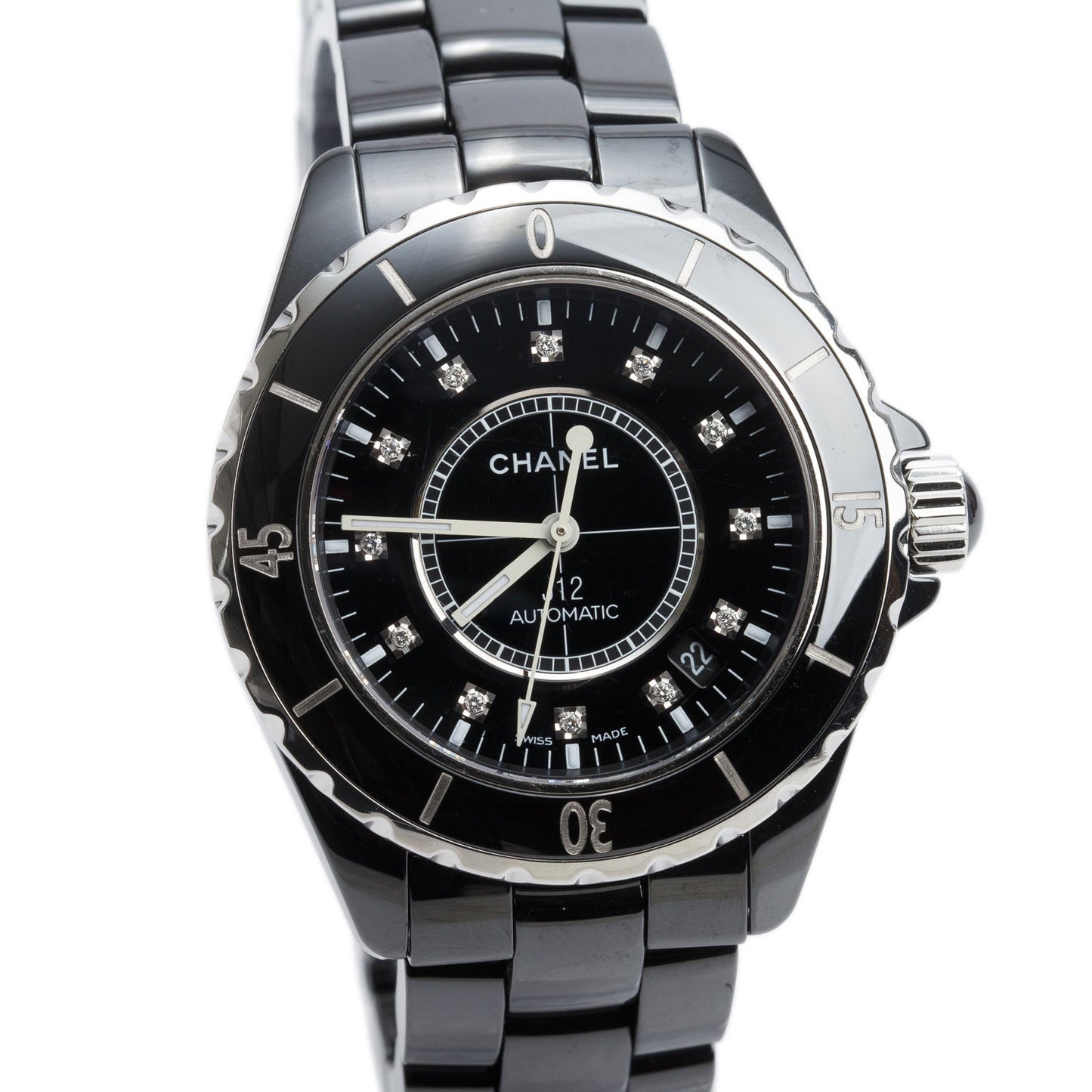 Chanel Black Ceramic J12 39 MM Automatic Watch Diamond Dial w/ Box