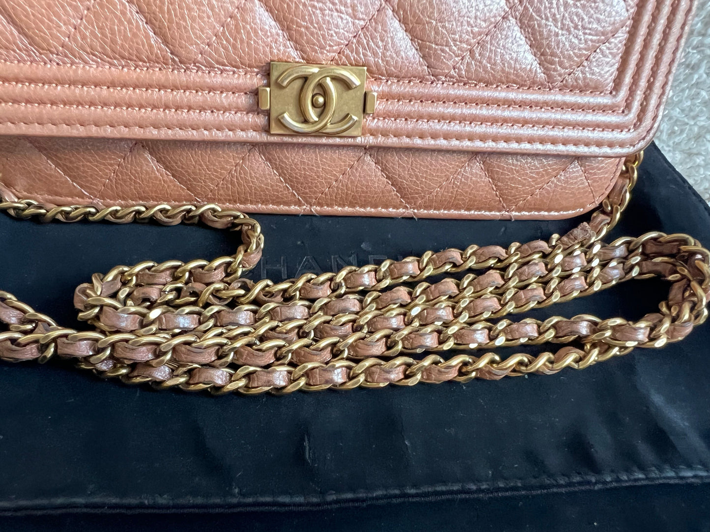 Chanel Dark Beige Quilted Caviar Boy Wallet on Chain
