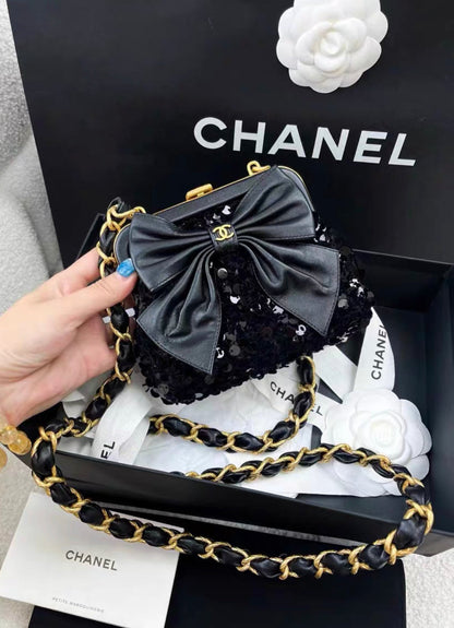Chanel Metiers D Art 24A Black Sequin Tweed Evening Mini Clutch Bag With Bow