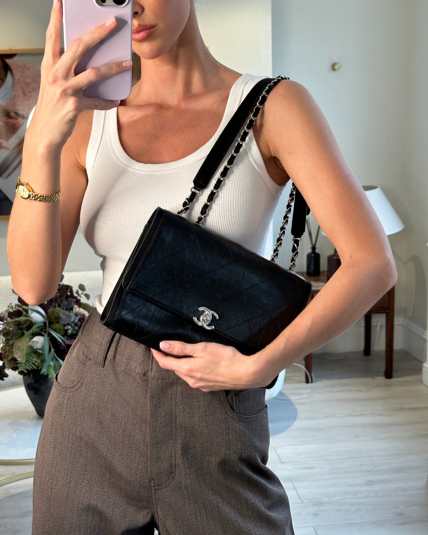 Chanel Flap Calfskin Leather Black Silver Shoulder Bag Style