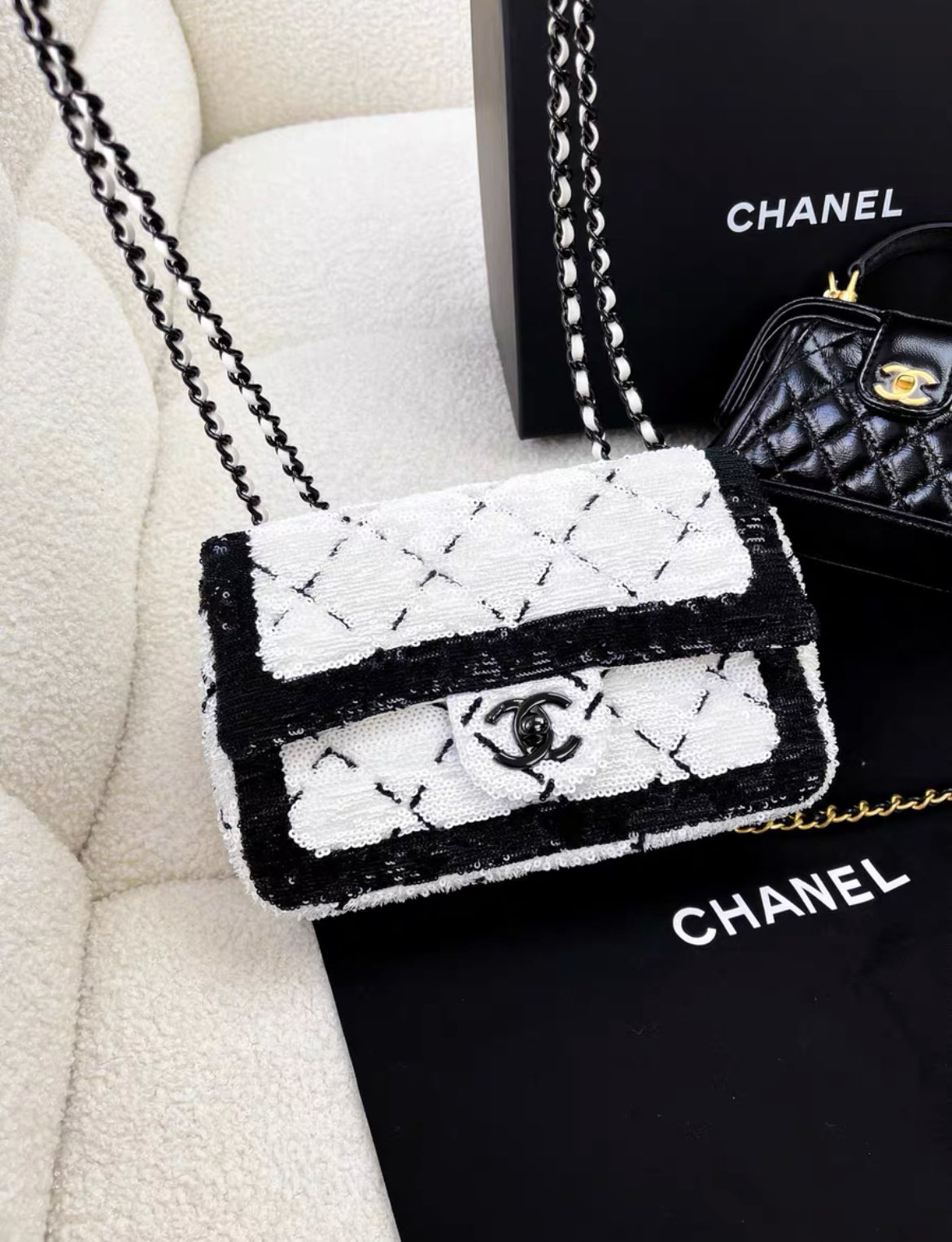 Chanel 24P Large Flap Bag Sequins Black Metal White Black