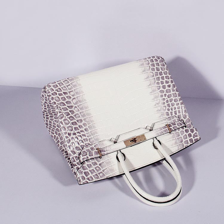 Luxury Hermes Birkin 35Cm Crocodile Leather Handbag Grey White Gold