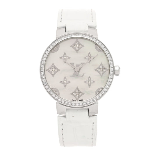 Stainless Steel Alligator Diamond Bezel Mother of Pearl 33mm Tambour Slim Quartz Watch