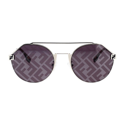 Fendi Sunglasses Round Full Rim, Silver Frame and Blue with FF Pattern Mirror Lens FE40060U16X