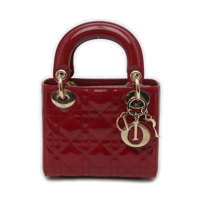 Lady Dior Mini Handbag Burgundy Red Patent Leather Gold-tone Chain Strap
