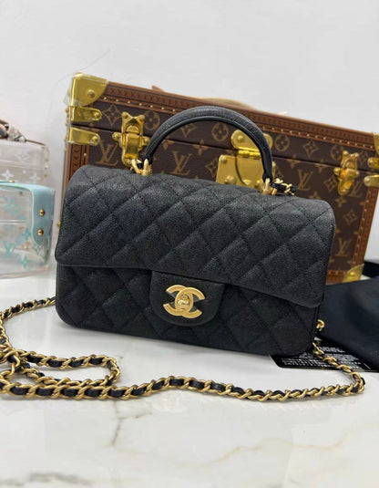 Chanel Black Caviar Quilted Mini Top Handle Rectangular Flap With Gold Hardware