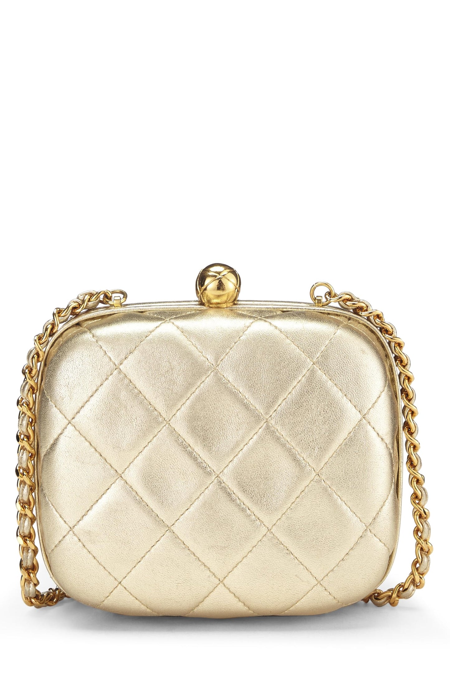 Chanel,  Metallic Gold Quilted Lambskin Kiss Lock Crossbody Bag, Gold
