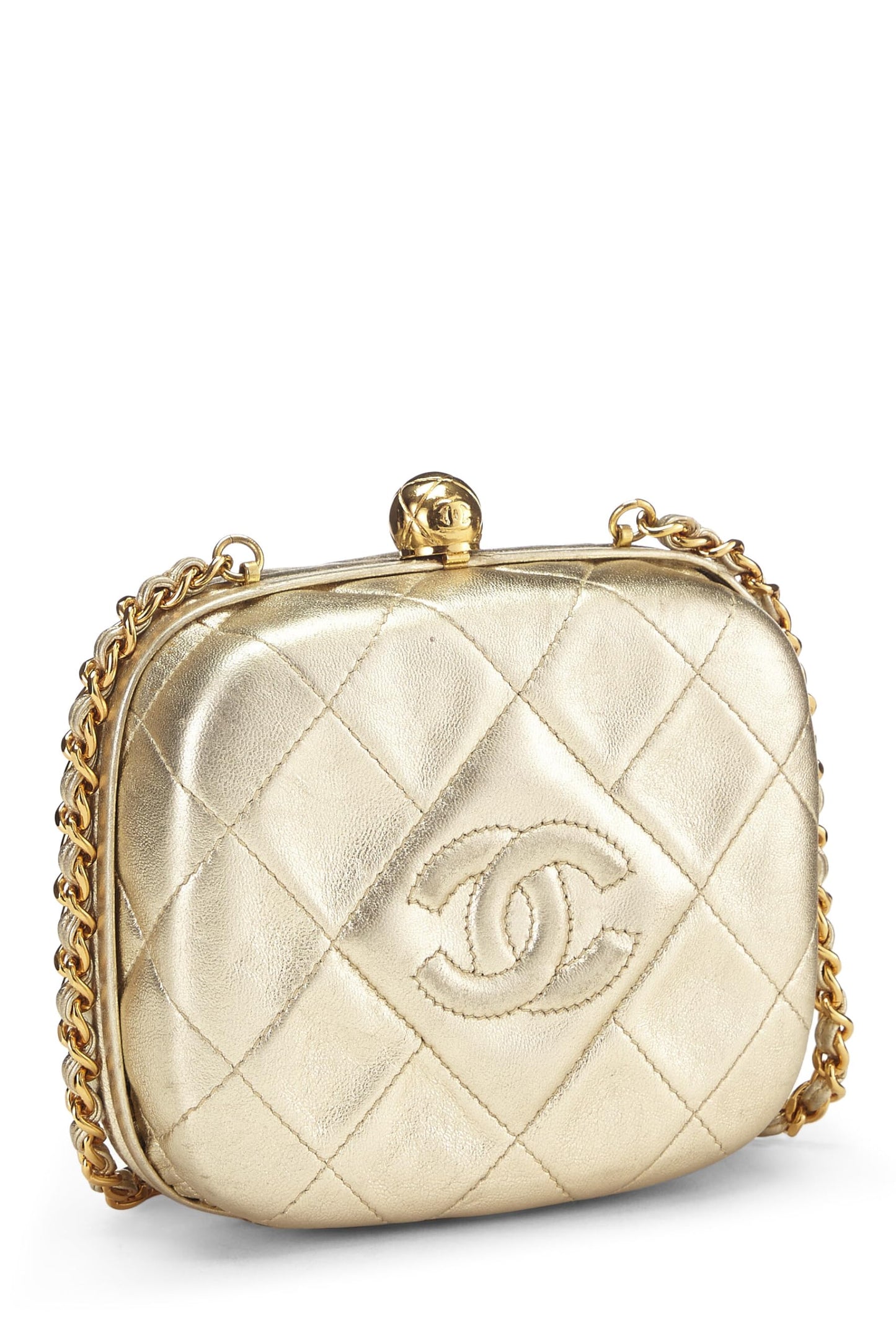 Chanel,  Metallic Gold Quilted Lambskin Kiss Lock Crossbody Bag, Gold
