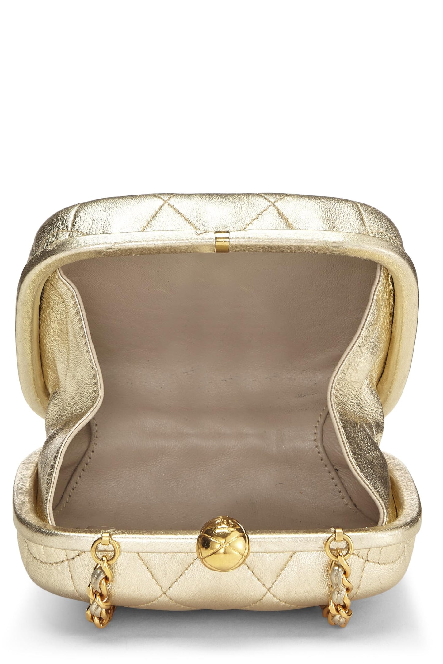 Chanel,  Metallic Gold Quilted Lambskin Kiss Lock Crossbody Bag, Gold