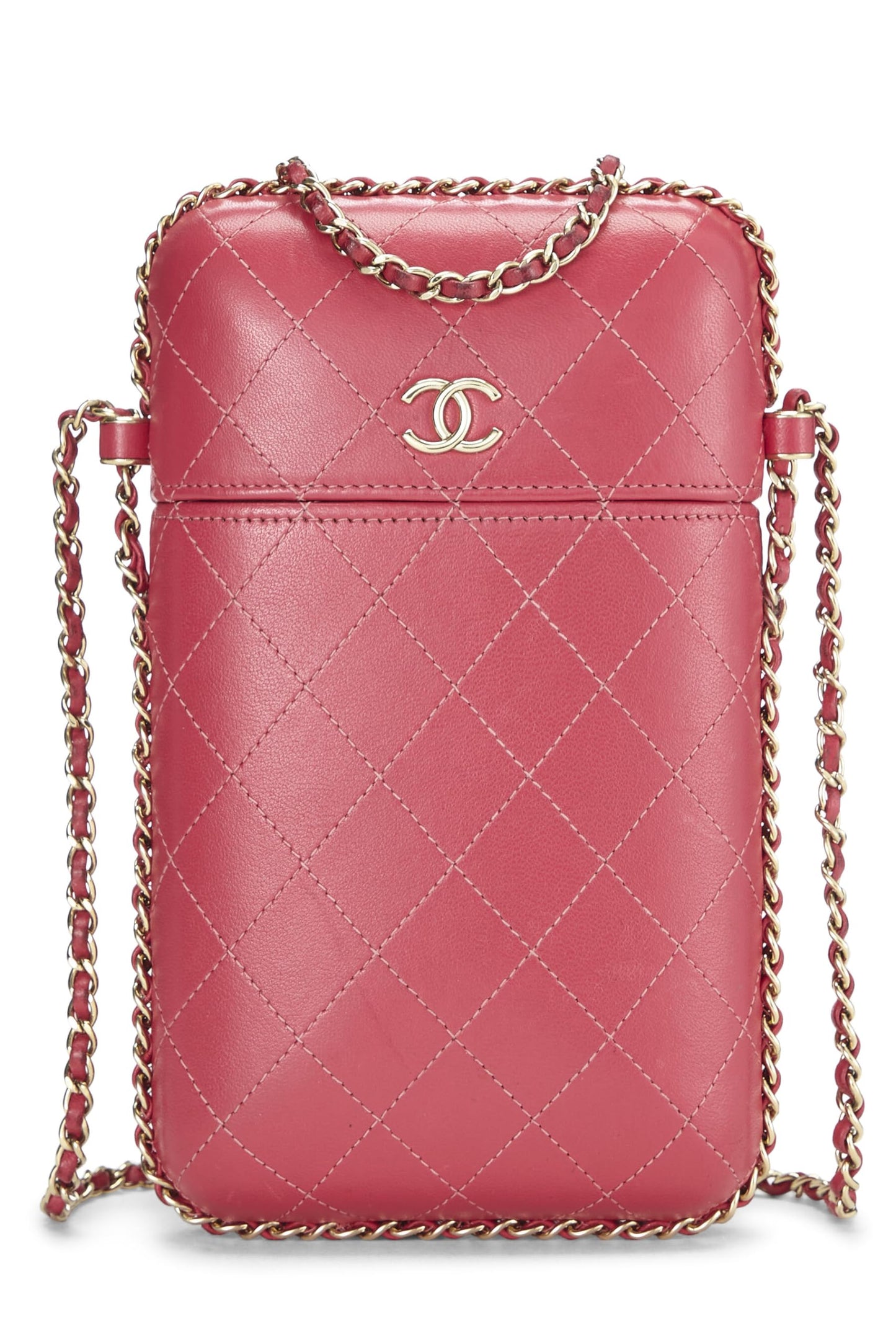 Chanel,  Pink Calfskin Crossbody Chain Phone Holder, Pink