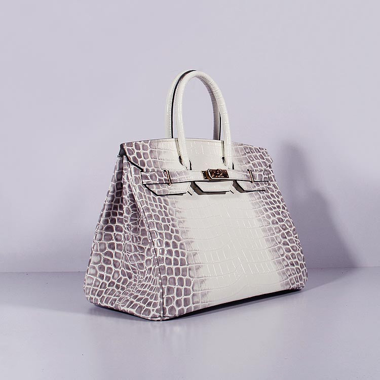 Luxury Hermes Birkin 35Cm Crocodile Leather Handbag Grey White Gold
