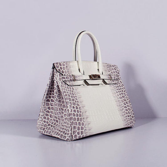 Luxury Hermes Birkin 35Cm Crocodile Leather Handbag Grey White Gold