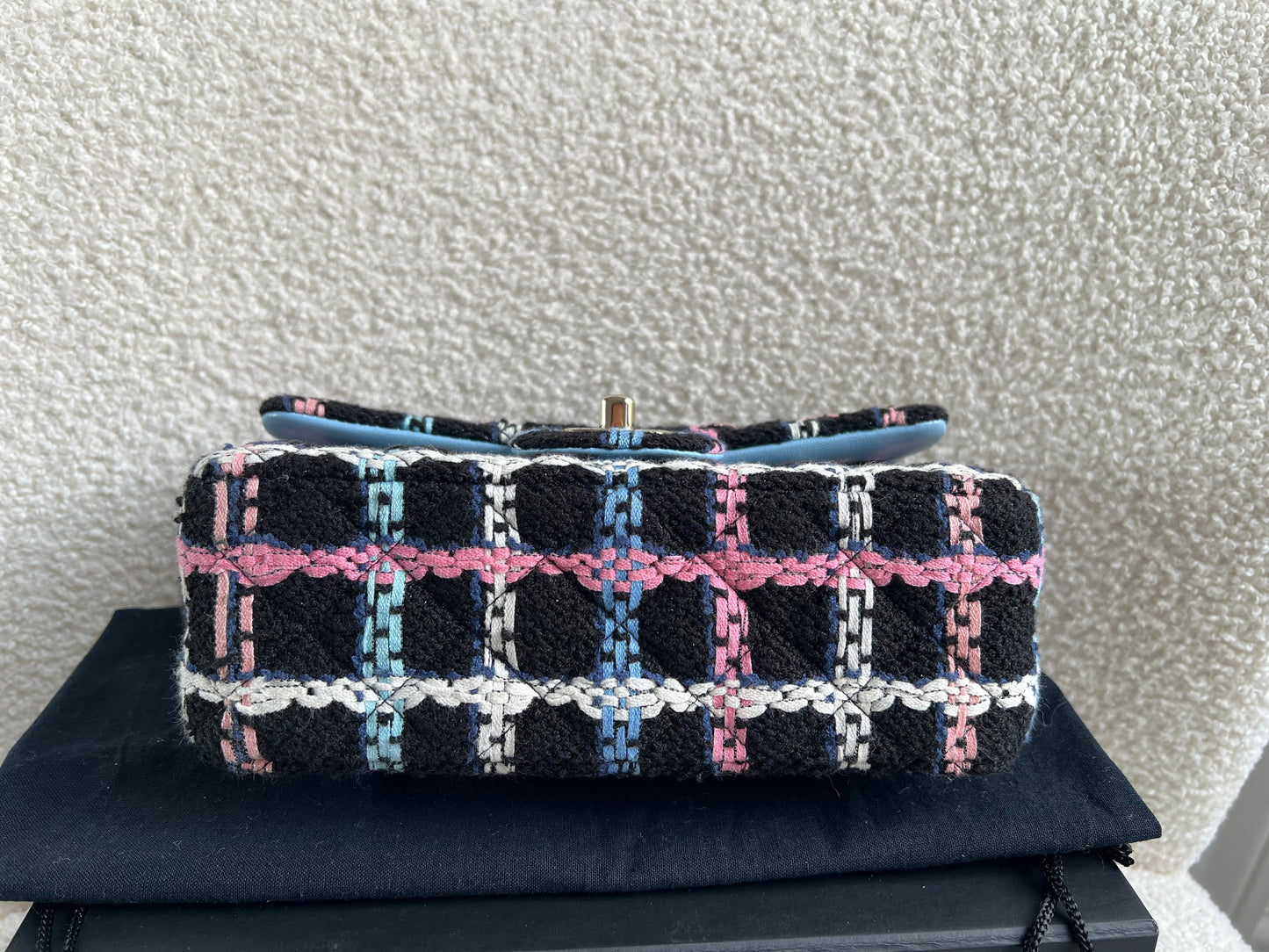 Chanel Classic Quilted Rectangular Mini Flap Bag in Multi Coloured Boucle Tweed and Champagne Gold Hardware (RRP £4390)