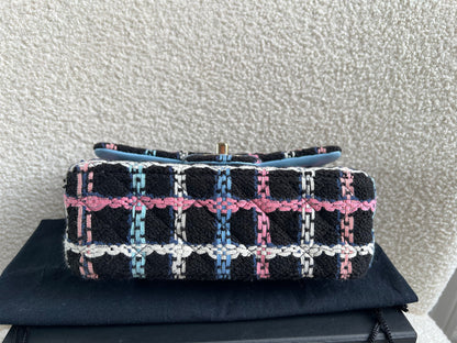 Chanel Classic Quilted Rectangular Mini Flap Bag in Multi Coloured Boucle Tweed and Champagne Gold Hardware (RRP £4390)