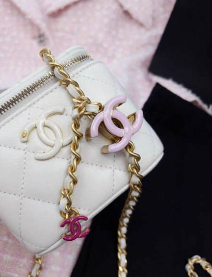 Chanel 24A Pink Enamel Double C White Leather Gold Chain Vanity Case Bag