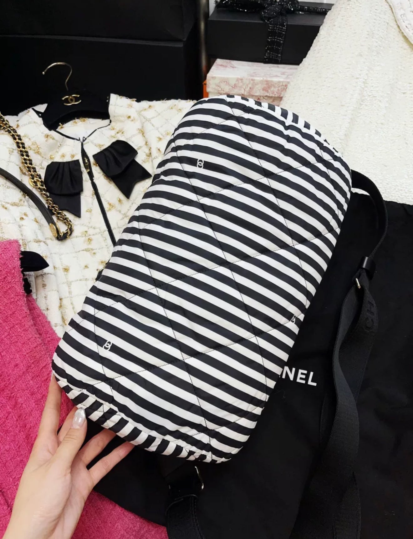 Chanel 24M Coco Beach Black And White Striped Bowling Bag