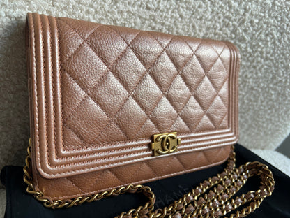 Chanel Dark Beige Quilted Caviar Boy Wallet on Chain