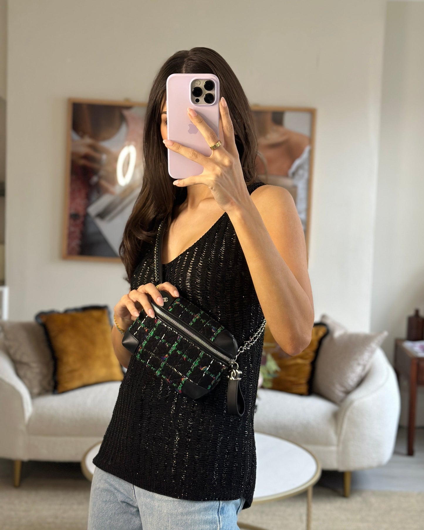 Chanel Tweed Black Silver Green Handbag
