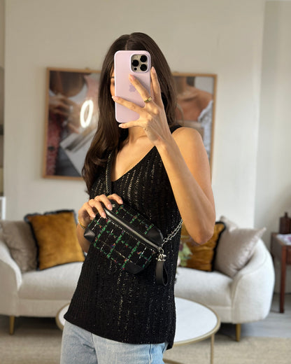 Chanel Tweed Black Silver Green Handbag Style