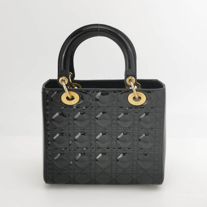 Lady Dior Medium Black Patent Leather Handbag with Gold Hardware