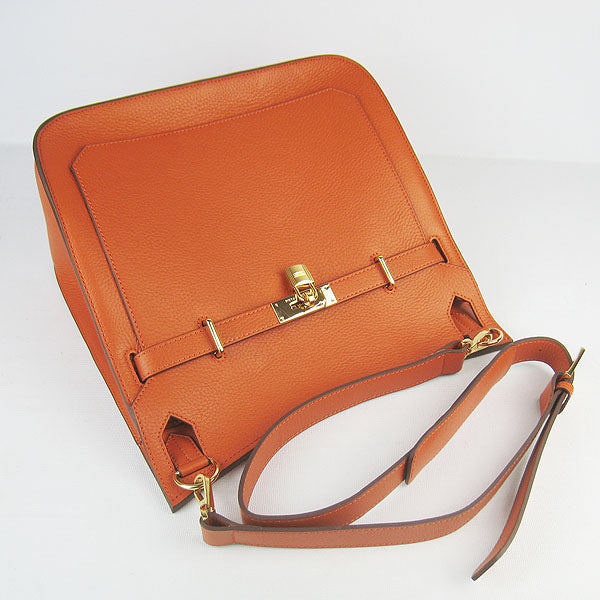 Luxury Hermes Leather Shoulder Bag Orange Golden