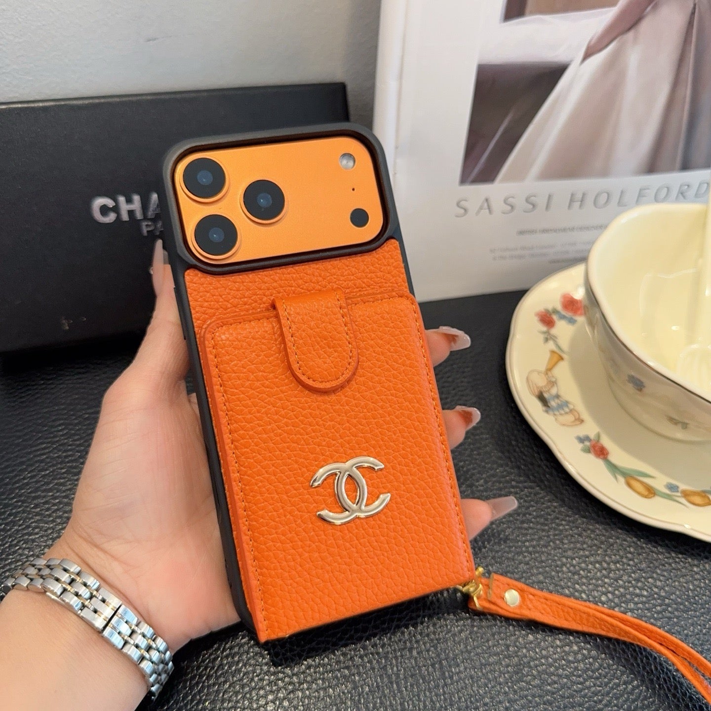 Chanel Style Leather Flip Card Holder Crossbody Phone Case