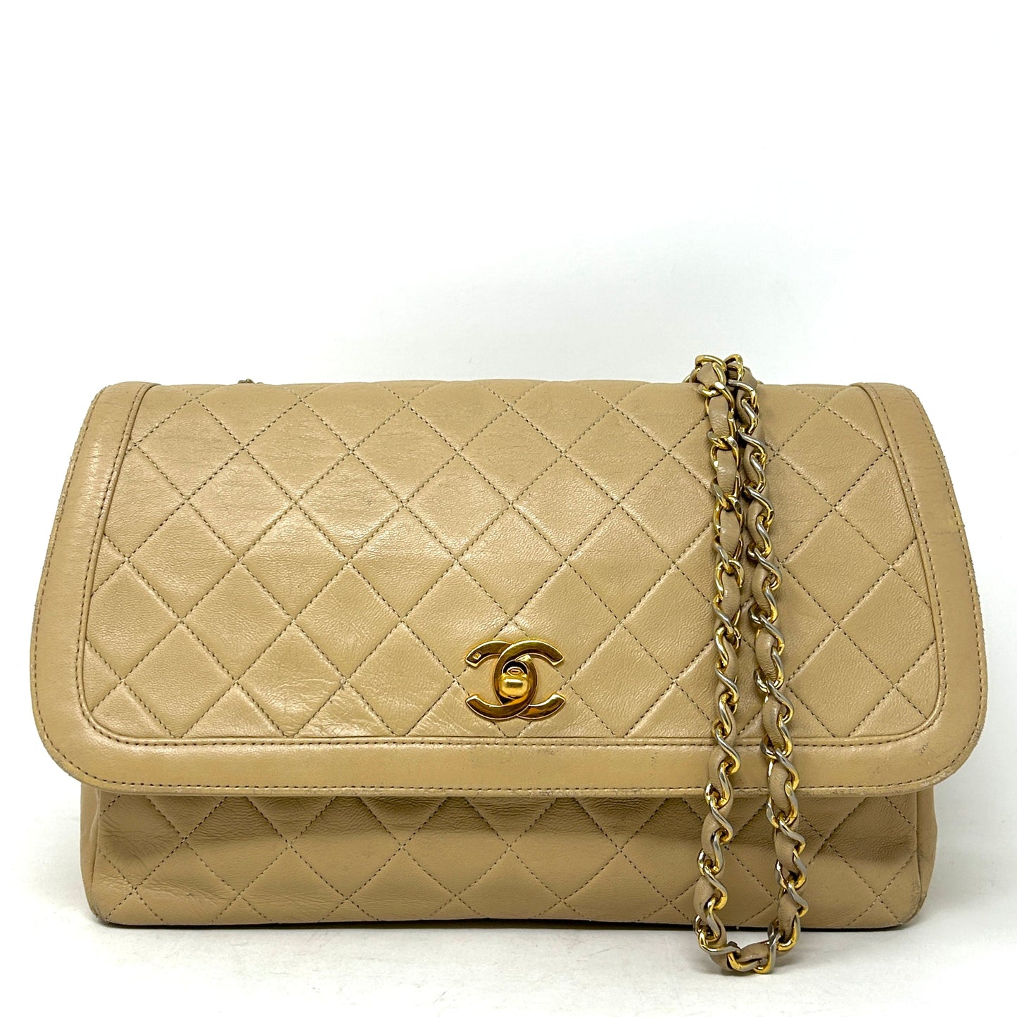 Chanel Beige Quilted Leather CC Logo Flap Shoulder Bag 24K Gold Plated -