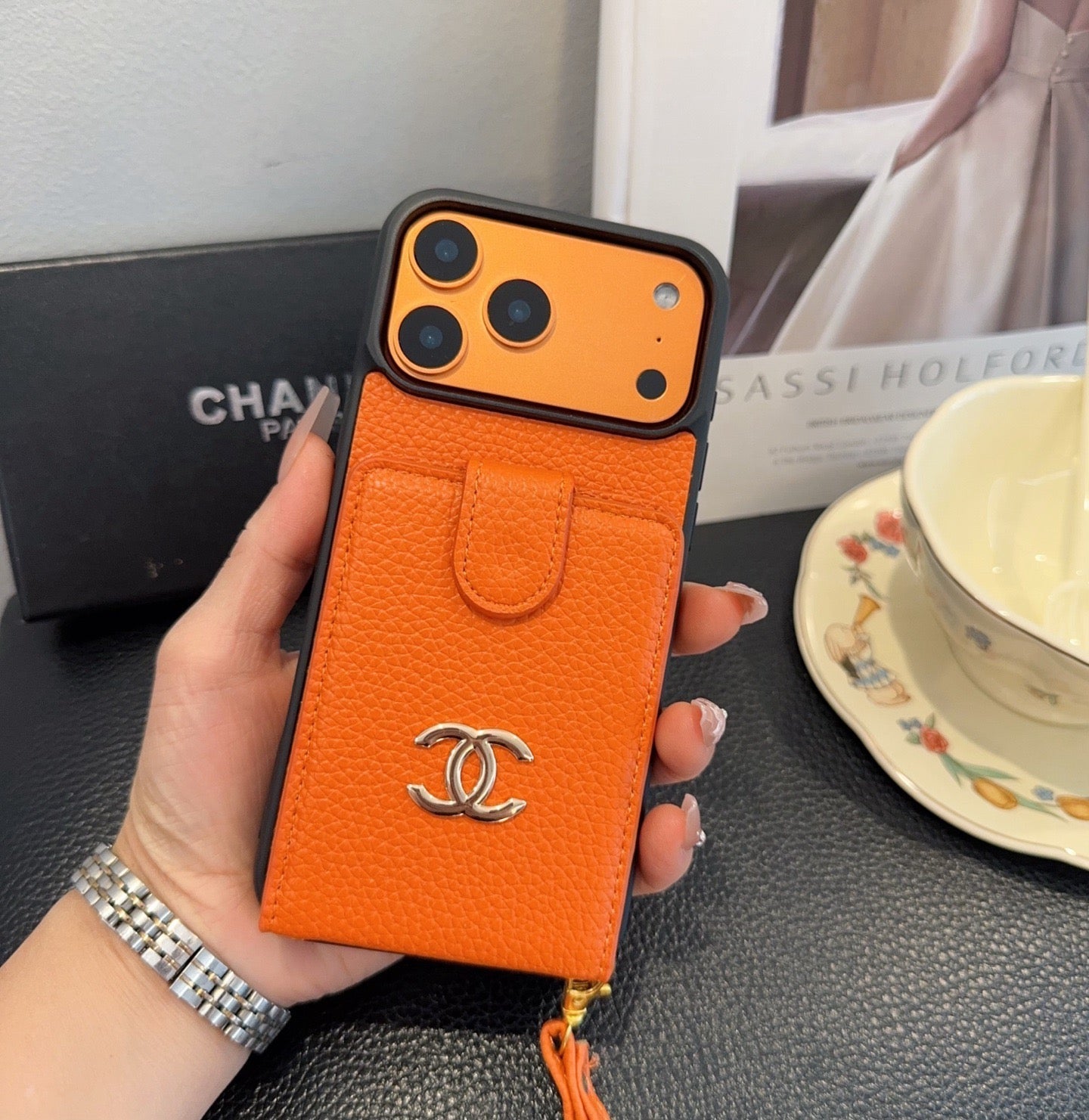 Chanel Style Leather Flip Card Holder Crossbody Phone Case