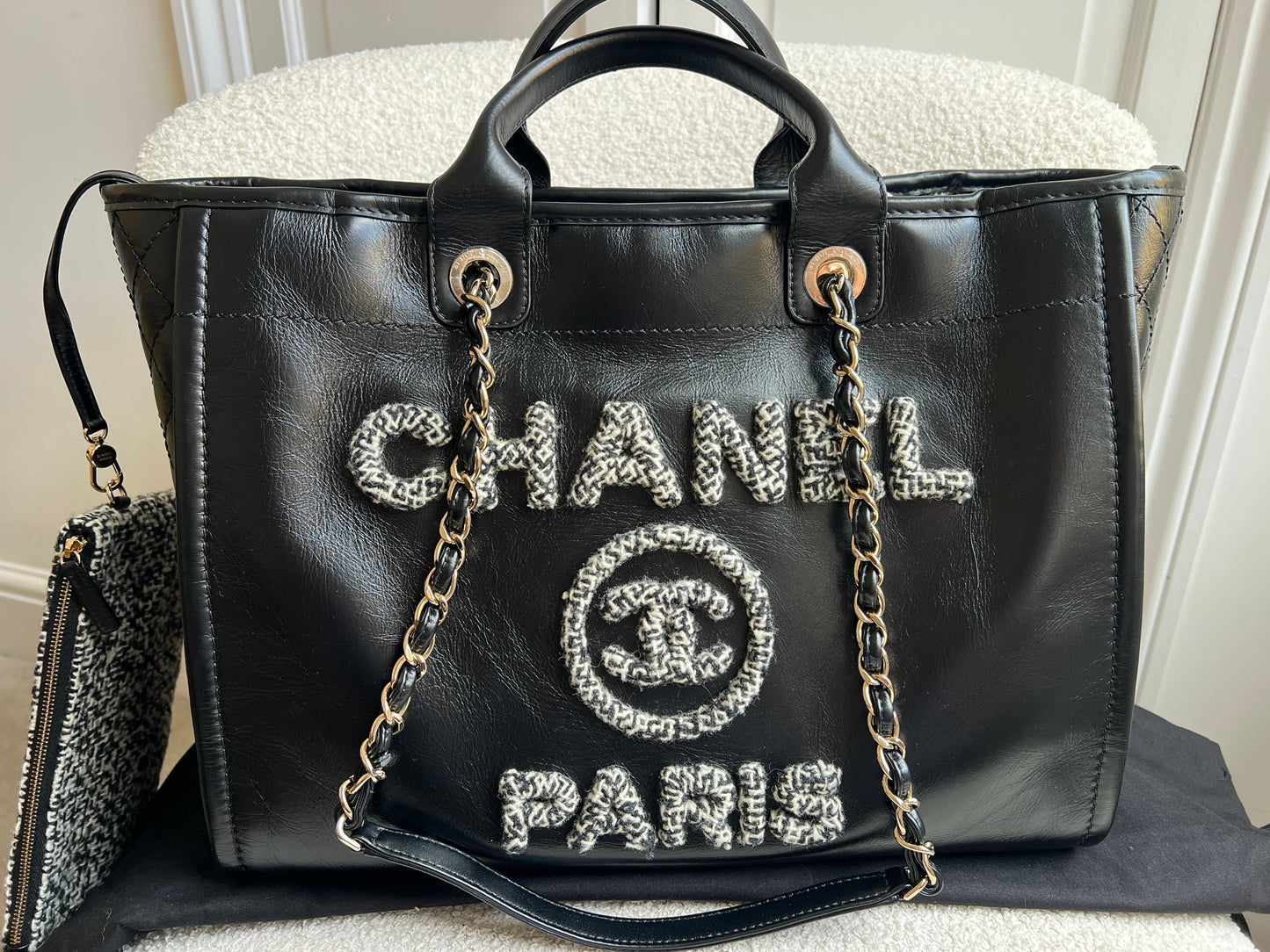 Chanel Deauville Tote in Black Glazed Calfskin and Monochrome Boucle Tweed (RRP £5800)